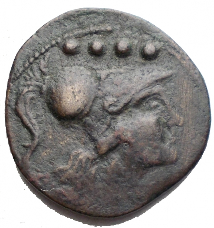 obverse: Repubblica Romana -Serie  CA .Triente, Canusium. ca 206-195.D/ Testa di Minerva elmata a destra, sopra quattro globetti.R/ Prua a destra; sopra ROMA, davanti CA. Sotto, quattro globetti.Syd. 309c. Cr. 100/3.AE.g 5,79.mm 20,9 x 21,9.BB