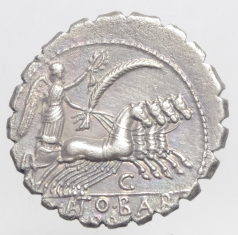 reverse: Repubblica Romana. Gens Antonia. Quintus Antonius Balbus. 83-82 a.C. Denario. D/ Testa di Giove verso destra; dietro SC Senatus Consulto. R/ Q ANTO BALBO PR (Quintus Antonius Balbus praetor) Vittoria su quadriga verso destra. Cr.364/1. Peso 3,45 gr. Diametro 19 mm. MB\qSPL. Denario serrato, patina