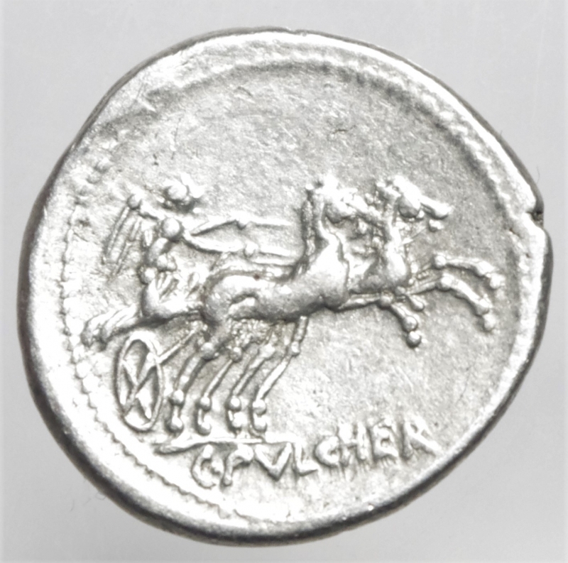 reverse: Repubblica Romana. Gens Claudia. Ap. Claudius Pulcher. T. Manlius Mancinus e Q. Urbinus. 111-110 a.C. Denario. Ag. D\ Testa di Roma verso destra. R\ La Vittoria su triga verso destra AP CL T MANL Q VR. Cr. 299/1a. Peso 3,85 gr. Diametro 20,00 mm. BB+