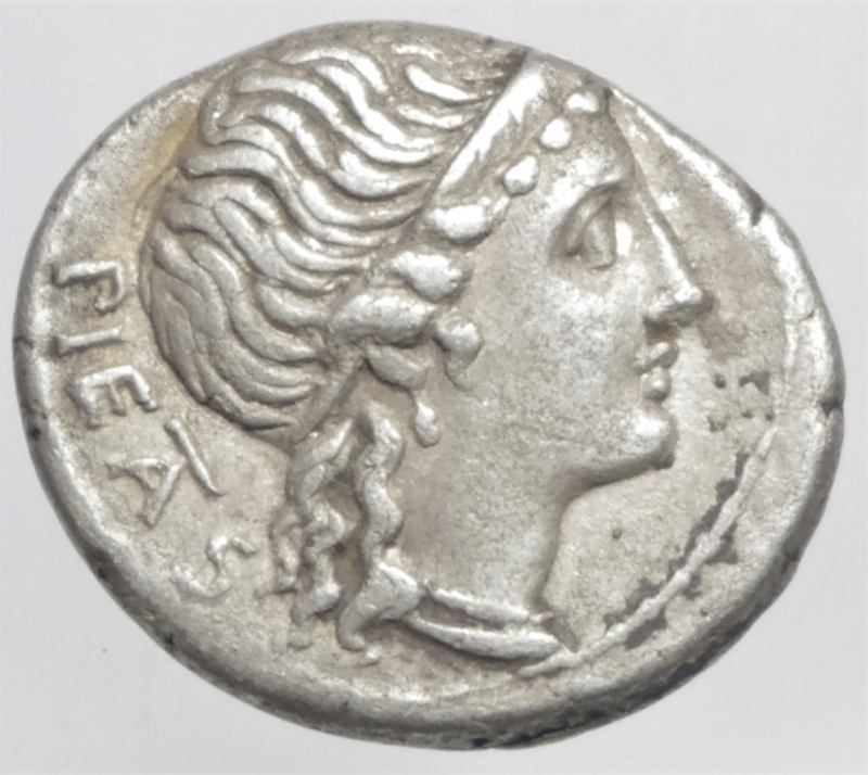 obverse: Repubblica Romana. Gens Herennia. Marcus Herennius. 108-107 a.C. Denario. Ag. D/ PIETAS Testa della Piet a destra. R/ M HERENNI (Marcus Herennius), Anfinomus o Anapias porta suo padre sulle spalle, nel campo A. Cr. 308/1. Peso 3,75 gr. Diametro 19,00 mm. BB+