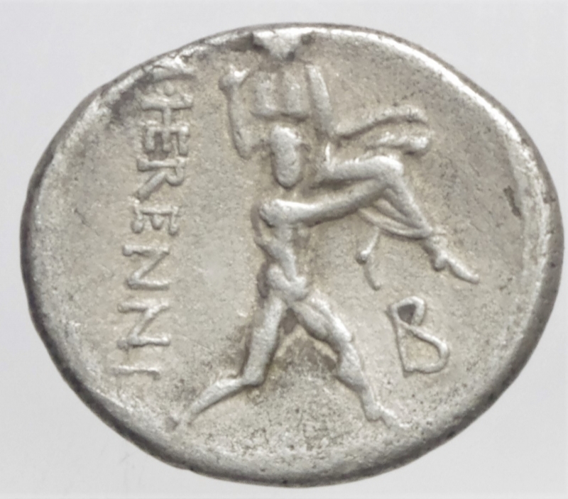 reverse: Repubblica Romana. Gens Herennia. Marcus Herennius. 108-107 a.C. Denario. Ag. D/ PIETAS Testa della Piet a destra. R/ M HERENNI (Marcus Herennius), Anfinomus o Anapias porta suo padre sulle spalle, nel campo A. Cr. 308/1. Peso 3,75 gr. Diametro 19,00 mm. BB+