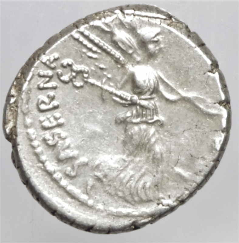 reverse: Repubblica Romana. Gens Hostilia. Lucius Hostilius Saserna. 48 a.C. Denario. Ag. D\ Testa di Venere a destra. R\ L HOSTILIVS SASERN. La Vittoria verso destra regge un trofeo ed un caduceo. Cr.448/1a. Peso 3,78 g. Diametro 19,68 mm. BB+.ex Al Money Intra