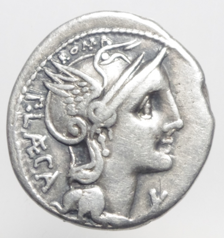 obverse: Repubblica Romana. Gens Porcia. Publius Porcius Laeca. 110-109 a.C. Denario. D\ P LAECA (Publius Laeca) Testa di Roma a destra, davanti X. R\ PROVOCO Soldato romano seguito da un littore stende la mano sul capo di un contadino. Cr.301/1. Peso 3,80 gr. Diametro 19,00 mm. BB. NC. ex Numismatica Frascone Bruno Verbania