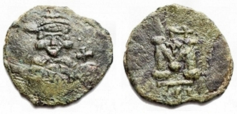 obverse: Impero Bizantino - JUSTINIAN II. First reign (685-695) Follis (40 Nummi) Syracuse 685-695 AD AE g 3.93. d / Front crowned bust, wearing chlamys, holding crucigero globe and map r / Grande M, above monogram, in former SCL. Ref Sear 1294. VF +. Green patina