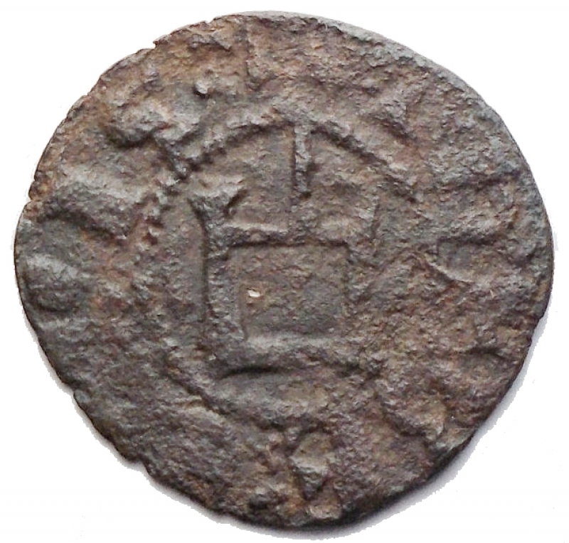 obverse: Oriente Latino - Athens. Crusader coins.Guillaume de la Roche (1280-1287).Obol, perhaps minted during the Minority of Gui II.D/ G.DVX.ATENES. Large fleud-de-lis.R/ THEBE CIVIS. Genoese gateway, pellet in center.Malloy 82. Schl. XIII, 32. De Saulcy Tav. XVII, 14.MI.g. 0.48mm. 14.00RRR.VF+.