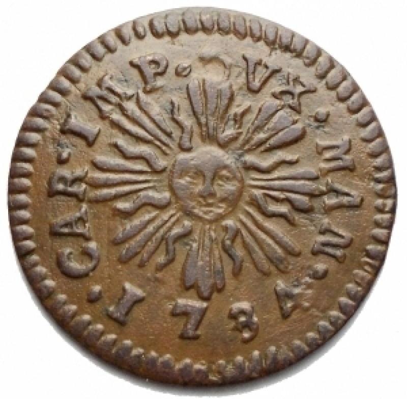 obverse: Zecche Italiane . Mantova. Carlo VI d Asburgo (1707-1740). Soldo 1734. MIR 756/3. AE. g. 2.41. SPL. Bellissima patina cuoio