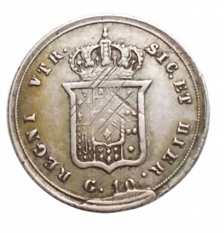 reverse: Zecche Italiane - Napoli. Ferdinando II. 1830-1859.10 grana 1855. P.R. 168. Peso 2,28 gr. Diametro 18,66 mm.qBB