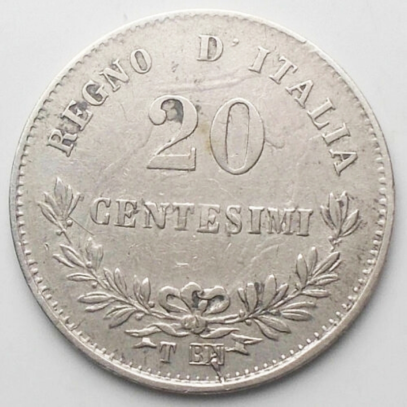 reverse: Casa Savoia - 20 Centesimi Ag 1863 Torino Vittorio Emanuele II
