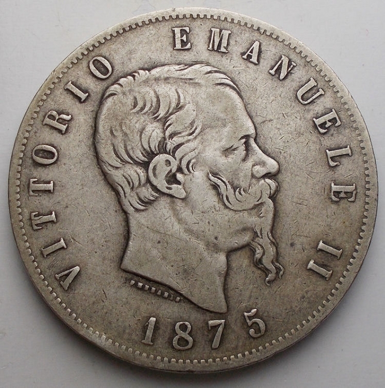 obverse: Casa Savoia - Vittorio Emanuele II. 5 lire 1875 Milano Ag