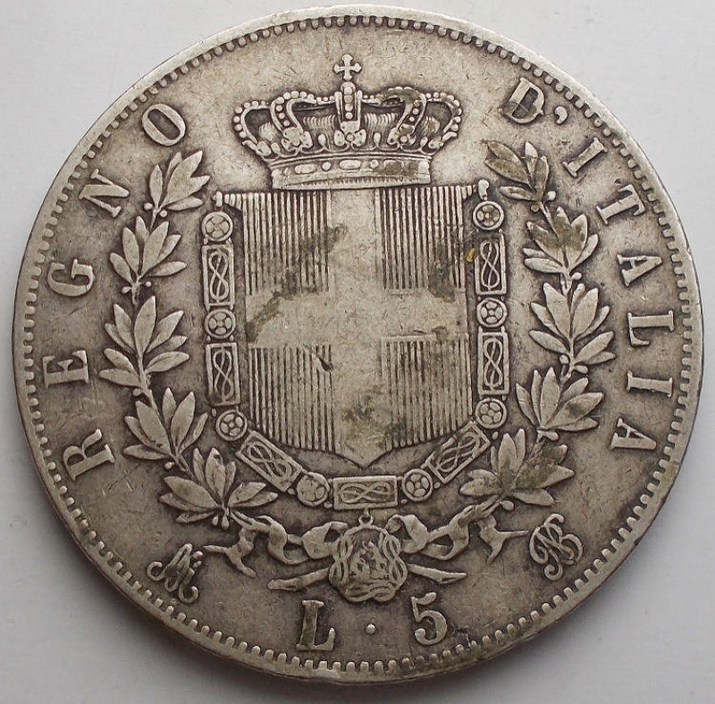 reverse: Casa Savoia - Vittorio Emanuele II. 5 lire 1875 Milano Ag