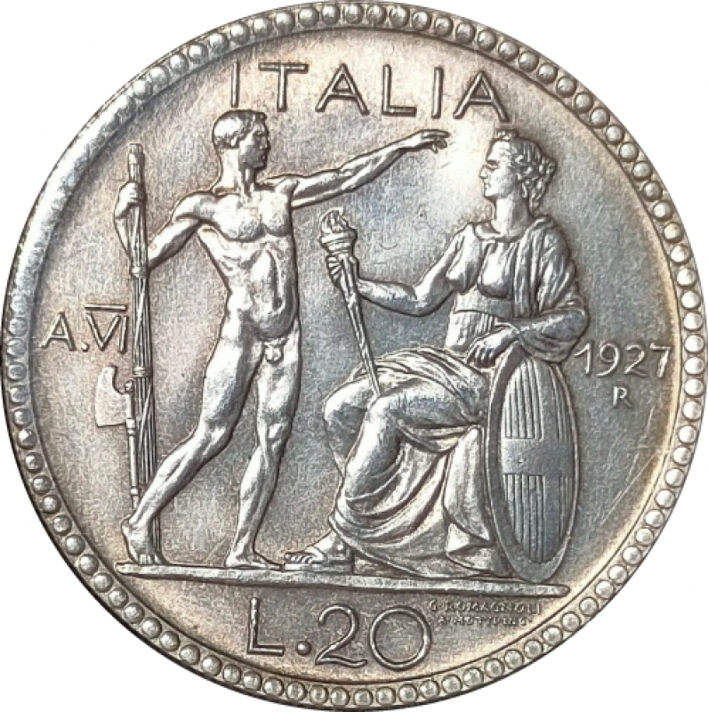 reverse: Casa Savoia. Vittorio Emanuele III. 20 Lire Littore 1927 FDC anno VI . Ag.