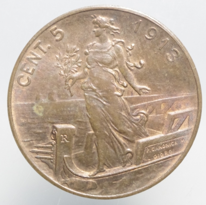 obverse: Casa Savoia.Vittorio Emanuele III 5 centesimi 1913 senza punto .FALSO\FAKE . Rame rosso