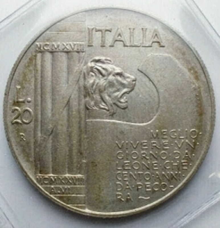 reverse: Savoia - Vittorio Emanuele III (1900-1943) 20 Lire 1928. AR. Pagani 680. Non comune. Segnetti. qFDC-FDC. Proveniente da blister MS61