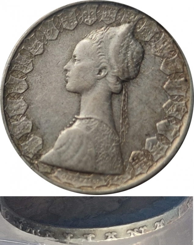 obverse: Repubblica Italiana. 500 lire Argento 1965. Ag. Interessante variet: a causa di un errore di preparazione del conio questo esemplare presenta la legenda coniata a met.