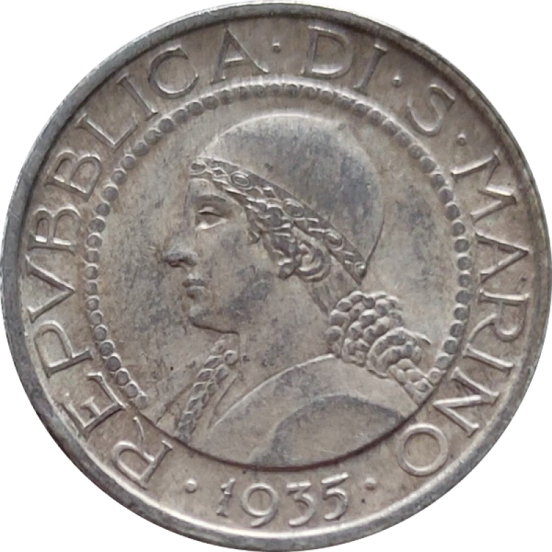 obverse: San Marino. Vecchia Monetazione. 1864-1938. 5 lire 1935. Ag. SPL-FDC