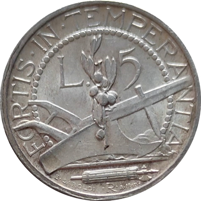 reverse: San Marino. Vecchia Monetazione. 1864-1938. 5 lire 1935. Ag. SPL-FDC