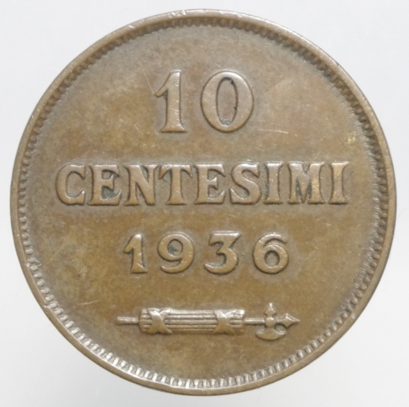 obverse: San Marino. Vecchia Monetazione. 1864-1938. 10 centesimi 1936. Ae. Gig. 34.SPL. Rame rosso.