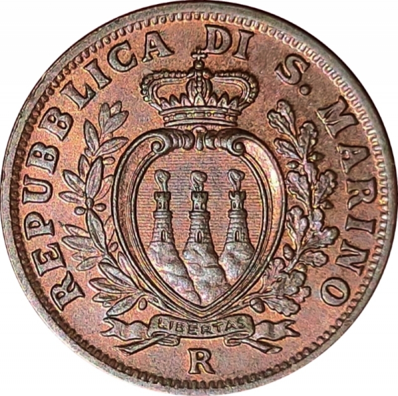 obverse: San Marino. Vecchia Monetazione. 1864-1938. 5 centesimi 1937. Ae. Gig. 34.FDC. Rame rosso. R in questa qualit