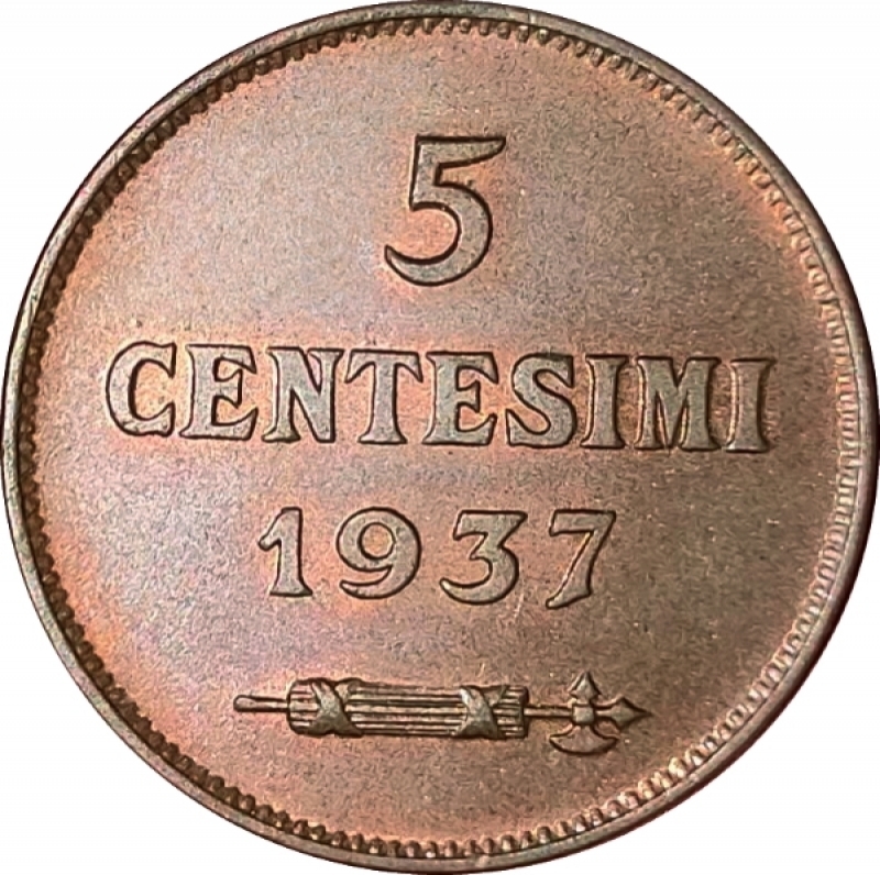 reverse: San Marino. Vecchia Monetazione. 1864-1938. 5 centesimi 1937. Ae. Gig. 34.FDC. Rame rosso. R in questa qualit