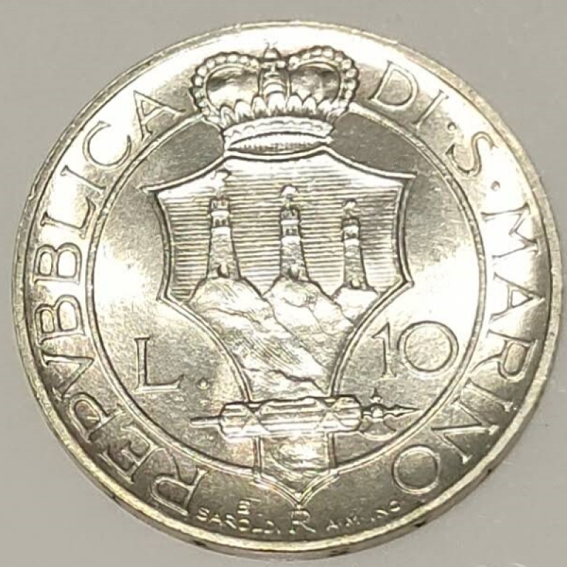 obverse: San Marino. Vecchia Monetazione. 1864-1938. 10 lire 1938. Ag. R.Fondi lucenti. Insignificanti segnetti. FDC. rif10