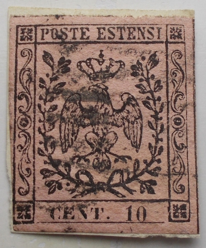 obverse: Francobolli - Modena antichi stati. 1852. 10 centesimi rosa con punto usato su frammento