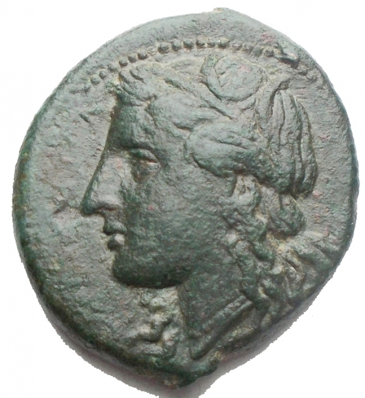 obverse: Mondo Greco - Syracuse. Ae. Agatocles (317-289) d / head of Persephone on the left. with crown of ears r / Auriga leads chariot to the right. 7.58 g. 19.8 x 22.8 mm. VF +. Green patina