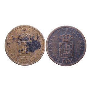 reverse: INDIA PORTOGHESE CARLOS I 1/2 TANGA 1901-1903 CU LOTTO 2 MONETE VARIE CONSERVAZIONI