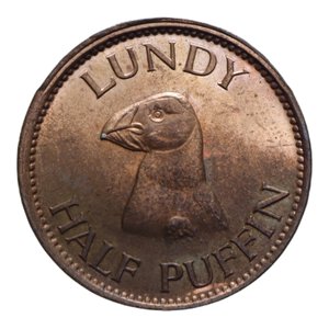 reverse: LUNDY (UK) MEZZO PUFFIN 1929 RE MARTIN COLES BA 5,54 GR. FDC