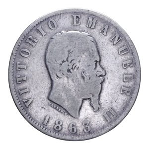 obverse: VITT. EMANUELE II (1861-1878) 2 LIRE 1863 NAPOLI VALORE NC AG. 9,60 GR. MB-BB