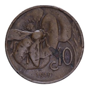 reverse: VITT. EMANUELE III (1900-1943) 10 CENT. 1919 APE R CU 5,25 GR. MB-BB/qBB