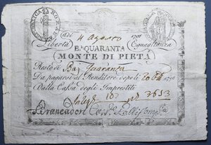 reverse: REPUBBLICA ROMANA MONTE DI PIETA  40 BAIOCCHI 1798 BB