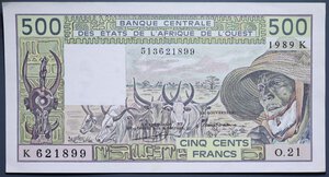 reverse: WEST AFRICAN STATES 500 FRANCS 1989 qSUP