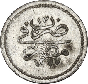 reverse: Ottoman Empire.  Abdul Aziz (1277-1293 AH / 1861-1876 AD). AR 20 Para. Misr (Cairo), AH 1277/RY 13 (1874)