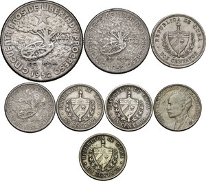 obverse: Cuba.  First Republic (1902-1962). Lot of eight (8) coins: 2 centavos 1916, centavos 1915, 1943, 1943 and 1953, commemorative set 40 centavos, 20 centavos and 10 centavos 1952