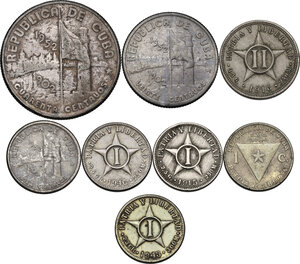 reverse: Cuba.  First Republic (1902-1962). Lot of eight (8) coins: 2 centavos 1916, centavos 1915, 1943, 1943 and 1953, commemorative set 40 centavos, 20 centavos and 10 centavos 1952