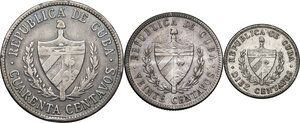 obverse: Cuba.  First Republic (1902-1962). Lot of three (3) coins: 40 centavos 1920, 20 centavos 1948 and 10 centavos 1948