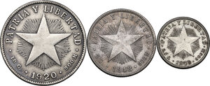 reverse: Cuba.  First Republic (1902-1962). Lot of three (3) coins: 40 centavos 1920, 20 centavos 1948 and 10 centavos 1948
