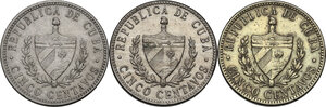 obverse: Cuba.  First Republic (1902-1962). Lot of three (3) coins: 5 centavos 1920, 1943 and 1946