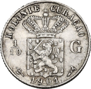 reverse: Curacao.  Wilhelmina (1890-1948).. AR 1/10 of gulden 1901