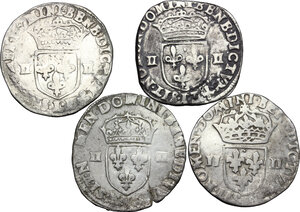 obverse: France. Multiple lot of 4 AR 1/4 Ecu, France, including: Louis XII, Henry III, Henry IV, Louis XIII