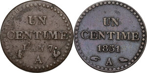 reverse: France. Lot of two (2) coins: centime Dupré, An 7 Paris (Le Directoire) and 1 centime 1851 Paris (Deuxième République)