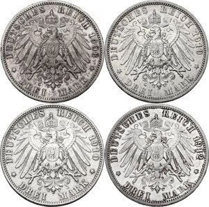 reverse: Germany. Lot of four (4) AR 3 Mark, including: 1908A, 1910A, 1910D and 1912A