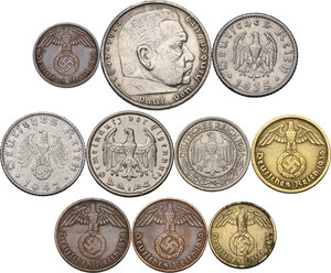 obverse: Germany.  Third Reich.. Lot of ten (10) coins: 5 reichsmark 1939 A, reichsmark 1933 E, 50 reichspfennig 1942 B, 50 reichspfennig 1936 A, 50 reichspfennig 1935 G, 10 reichspfennig 1939 D, 5 reichspfennig 1939 F, 2 pfennig 1938 D, 2 pfennig 1939 D, pfennig 1939 D