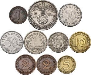 reverse: Germany.  Third Reich.. Lot of ten (10) coins: 5 reichsmark 1939 A, reichsmark 1933 E, 50 reichspfennig 1942 B, 50 reichspfennig 1936 A, 50 reichspfennig 1935 G, 10 reichspfennig 1939 D, 5 reichspfennig 1939 F, 2 pfennig 1938 D, 2 pfennig 1939 D, pfennig 1939 D