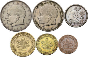 obverse: Germany.  Federal Republic. Lot of six (6) coins: 2 mark 1958 D, 1958 F, 50 pfennig 1949 D, 10 pfennig 1949 D, 5 pfennig 1949 J, pfennig 1949 D