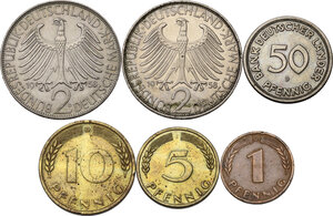 reverse: Germany.  Federal Republic. Lot of six (6) coins: 2 mark 1958 D, 1958 F, 50 pfennig 1949 D, 10 pfennig 1949 D, 5 pfennig 1949 J, pfennig 1949 D