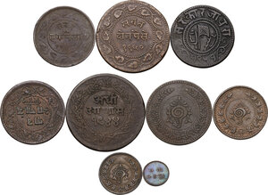 reverse: India. Lot of nine (9) AE coins of Princely States to be classified, include coins of Rama Varma VI