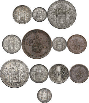 obverse: India.  Princely States, Hyderabad. . Lot of twelve (12) coins, different denominations. Include Mir Mahbub Ali Khan II (1869-1911 AD), 1 Rupee 1323 AH/RY 39, 4 Annas 1328 AH/RY 43, 2 Annas 1323 AH/RY 39, 1/2 anna 1324 AH/RY 40, 2 Pai 1325 AH/RY 40, Mir Usman Ali Khan (1911-1948 AD) 1 Rupee 1337 AH/RY 8 (Y#53a. Scarce), 4 Annas 1342 AH/RY 13, 2 Annas 1348 AH/RY 19, 2 Annas 1362 AH/RY 33, 1 Anna 1346 AH, 2 Pai 1330 AH/RY 1