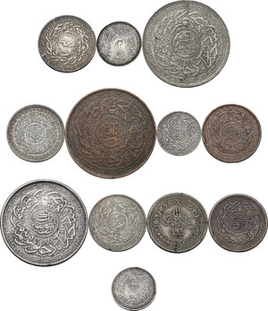 reverse: India.  Princely States, Hyderabad. . Lot of twelve (12) coins, different denominations. Include Mir Mahbub Ali Khan II (1869-1911 AD), 1 Rupee 1323 AH/RY 39, 4 Annas 1328 AH/RY 43, 2 Annas 1323 AH/RY 39, 1/2 anna 1324 AH/RY 40, 2 Pai 1325 AH/RY 40, Mir Usman Ali Khan (1911-1948 AD) 1 Rupee 1337 AH/RY 8 (Y#53a. Scarce), 4 Annas 1342 AH/RY 13, 2 Annas 1348 AH/RY 19, 2 Annas 1362 AH/RY 33, 1 Anna 1346 AH, 2 Pai 1330 AH/RY 1
