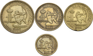 obverse: Monaco, Principality of .  Louis II (1922-1949). Lot of four (4) Cu-Ni coins: 2 francs 1926, franc 1924 and 1926, 50 centimes 1924